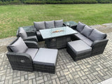Fimous Rattan Outdoor Furniture Gas Fire Pit Rectangle Dining Table Gas Heater Reclining Chair 3 Seater Sofa Sets with Side Table 10 Seater