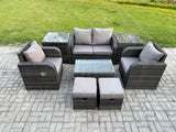 Fimous Outdoor Lounge Sofa Set 6 Seater Rattan Garden Furniture Set with Rectangular Coffee Table 2 Small Footstools 2 Side Tables Dark Grey Mixed
