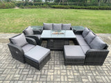 Fimous Rattan Outdoor Furniture Gas Fire Pit Rectangle Dining Table Gas Heater Reclining Chair 3 Seater Sofa Sets with Side Table 10 Seater