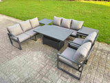 Fimous Garden Aluminium Furniture Set Dark Grey 8 Seater Outdoor Patio Adjustable Rising Lifting Dining Table with 2 Chairs 2 Side Tables Dark Grey