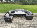 Fimous Dark Grey PE Wicker Rattan Garden Furniture Set Reclining Chair Love Sofa 2 Seater Sofa Set Outdoor Rectangular Dining Table 2 Side Tables 7 Seater
