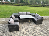 Fimous Dark Grey PE Wicker Rattan Garden Furniture Set Reclining Chair Love Sofa 2 Seater Sofa Set Outdoor Rectangular Dining Table 2 Side Tables 7 Seater