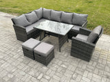 Fimous Wicker Rattan Garden Furniture Corner Sofa Set with Oblong Dining Table 2 Small Footstools Chair 9 Seater Outdoor Rattan Set Dark Grey Mixed