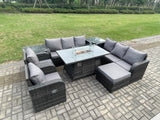 Fimous Wicker Rattan Garden Furniture Set Gas Fire Pit Dining Table Indoor Outdoor with 2 Side Tables Chair Loveseat Sofa Big Footstool