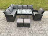 Fimous Wicker Rattan Garden Furniture Corner Sofa Set with Oblong Dining Table 2 Small Footstools Chair 9 Seater Outdoor Rattan Set Dark Grey Mixed