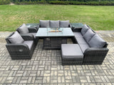 Fimous Wicker Rattan Garden Furniture Set Gas Fire Pit Dining Table Indoor Outdoor with 2 Side Tables Chair Loveseat Sofa Big Footstool