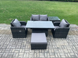 Fimous PE Rattan Outdoor Garden Furniture Set Height Adjustable Rising lifting Dining Table Love Sofa With Side Table Chair Big Footstool