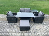 Fimous PE Rattan Outdoor Garden Furniture Set Height Adjustable Rising lifting Dining Table Love Sofa With Side Table Chair Big Footstool