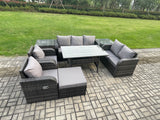 Fimous Dark Grey PE Wicker Rattan Garden Furniture Set Reclining Chair Love Sofa 2 Seater Sofa Set Outdoor Rectangular Dining Table Big Footstool 2 Side Tables 8 Seater