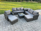 Fimous 9 Seater Outdoor Rattan Garden Furniture Set Conservatory Patio Sofa Coffee Table With Reclining Chair 2 Big Footstool Side Table Dark Grey Mixed
