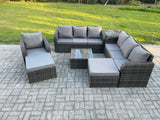 Fimous 9 Seater Outdoor Rattan Garden Furniture Set Conservatory Patio Sofa Coffee Table With Reclining Chair 2 Big Footstool Side Table Dark Grey Mixed