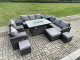Fimous Wicker Rattan Garden Furniture Set Gas Fire Pit Dining Table Indoor Outdoor with 2 Side Tables Chair Loveseat Sofa 3 Footstools