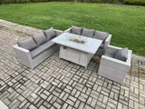 Fimous 7 Seater Outdoor Garden Dining Sets Rattan Furniture Gas Fire Pit Dining Table Gas Heater with Armchair Light Grey