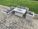 Fimous 7 Seater Outdoor Garden Dining Sets Rattan Furniture Gas Fire Pit Dining Table Gas Heater with Armchair Light Grey