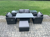 Fimous Outdoor Rattan Furniture Garden Dining Set Height Adjustable Rising lifting Table Love Sofa Chair With 2 Side Tables Big Footstool