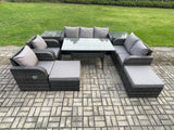 Fimous 9 Seater Garden Rattan Furniture Dining Table Sofa Set Indoor Outdoor with 2 Reclining Chairs 2 Side Tables 2 Big Footstool Dark Grey Mixed