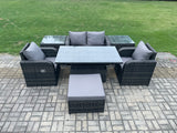 Fimous Outdoor Rattan Furniture Garden Dining Set Height Adjustable Rising lifting Table Love Sofa Chair With 2 Side Tables Big Footstool