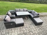 Fimous 9 Seater Garden Rattan Furniture Dining Table Sofa Set Indoor Outdoor with 2 Reclining Chairs 2 Side Tables 2 Big Footstool Dark Grey Mixed
