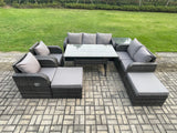 Fimous 9 Seater Garden Rattan Furniture Dining Table Sofa Set Indoor Outdoor with 2 Reclining Chairs Side Tables 2 Big Footstool Dark Grey Mixed