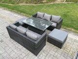 Fimous 8 Seater Wicker PE Rattan Sofa Garden Furniture Set Outdoor Adjustable Rising Lifting Dining Table Set with 2 Big Footstools Dark Grey Mixed