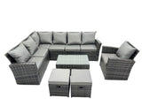 Fimous 9 Seater High Back Rattan Garden Furniture Set Corner Sofa With Oblong Coffee Table Footstool With Chair