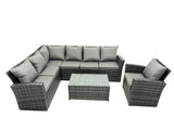 Fimous High Back Rattan Corner Sofa Set Oblong Coffee Table Outdoor Furniture dark Grey Left Option With Extra Chair