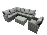 Fimous High Back Rattan Corner Sofa Set Oblong Coffee Table Outdoor Furniture dark Grey Left Option With Extra Chair