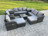 Fimous High Back Rattan Garden Furniture Set with Square Coffee Table 2 Big Footstool 2 Side Tables Indoor Outdoor Patio Lounge Sofa Set Dark Grey Mixed