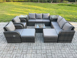 Fimous High Back Rattan Garden Furniture Set with Square Coffee Table 2 Big Footstool 2 Side Tables Indoor Outdoor Patio Lounge Sofa Set Dark Grey Mixed