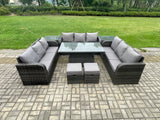Fimous 11 Seater Garden Dining Sets Outdoor Rattan Furniture Lounge Sofa Height Adjustable Rising lifting Table With 2 Side Tables 2 Small Footstools Dark Grey Mixed