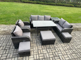 Fimous 10 Seater Garden Rattan Furniture Dining Table Sofa Set Indoor Outdoor with 2 Reclining Chairs Side Table 3 Footstools Dark Grey Mixed