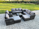 Fimous High Back Rattan Garden Furniture Set with Square Coffee Table 2 Big Footstool Side Table Indoor Outdoor Patio Lounge Sofa Set Dark Grey Mixed