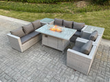 Fimous Light Grey Rattan Fire Pit Garden Furniture Set Gas Heater Burner Lounge Sofa Dining Set 2 Side Coffee Table And Chairs