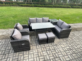 Fimous Dark Grey PE Wicker Rattan Garden Furniture Set Reclining Chair Love Sofa 2 Seater Sofa Set Outdoor Rectangular Dining Table 2 Small Footstools Side Tables 9 Seater