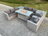 Fimous Light Grey Rattan Fire Pit Garden Furniture Set Gas Heater Burner Lounge Sofa Dining Set 2 Side Coffee Table And Chairs
