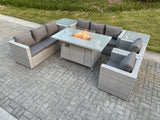 Fimous Light Grey Rattan Fire Pit Garden Furniture Set Gas Heater Burner Lounge Sofa Dining Set 2 Side Coffee Table And Chairs