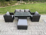 Fimous Rattan Garden Furniture Sofa Set Outdoor Adjustable Rising Lifting Dining Table Set with 2 Armchairs Big Footstool Dark Grey Mixed
