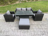 Fimous Rattan Garden Furniture Sofa Set Outdoor Adjustable Rising Lifting Dining Table Set with 2 Armchairs Big Footstool Dark Grey Mixed