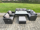 Fimous Dark Grey PE Wicker Rattan Garden Furniture Set Reclining Chair Love Sofa 2 Seater Sofa Set Outdoor Rectangular Dining Table Big Stools Side Table 8 Seater