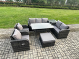 Fimous Dark Grey PE Wicker Rattan Garden Furniture Set Reclining Chair Love Sofa 2 Seater Sofa Set Outdoor Rectangular Dining Table Big Stools Side Table 8 Seater