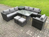 Fimous 9 Seater Rattan Outdoor Furniture Sofa Garden Dining Set with Dining Table Armchair Side Table 2 Small Footstools Dark Grey Mixed