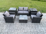 Fimous Outdoor Lounge Sofa Set Wicker PE Rattan Garden Furniture Set with Armchair Square Coffee Table Double Seat Sofa 2 Side Tables Dark Grey Mixed