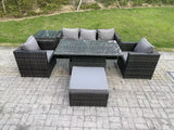 Fimous Outdoor Rattan Garden Furniture Sofa Set Adjustable Rising Lifting Dining Table Set with Side Table 2 Armchairs Big Footstool Dark Grey Mixed