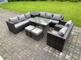 Fimous 10 Seater Wicker PE Rattan Outdoor Furniture Lounge Sofa Garden Dining Set with Dining Table Side Table Armchairs 2 Stools Dark Grey Mixed