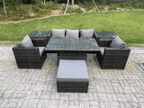 Fimous 6 Seater Rattan Garden Furniture Sofa Set Outdoor Adjustable Rising Lifting Dining Table Set with 2 Armchairs 2 Side Tables Big Footstool Tables Dark Grey Mixed
