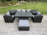 Fimous 6 Seater Rattan Garden Furniture Sofa Set Outdoor Adjustable Rising Lifting Dining Table Set with 2 Armchairs 2 Side Tables Big Footstool Tables Dark Grey Mixed