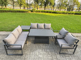 Fimous Garden Aluminium Furniture Set Dark Grey 8 Seater Outdoor Patio Adjustable Rising Lifting Dining Table with 2 Chairs Side Table Dark Grey