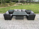 Fimous Rattan Garden Furniture Sofa Set Outdoor Adjustable Rising Lifting Dining Table Set with 2 Armchairs 2 Side Tables Dark Grey Mixed