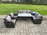 Fimous Dark Grey PE Wicker Rattan Garden Furniture Set Reclining Chair Love Sofa 2 Seater Sofa Set Outdoor Rectangular Dining Table Side Table 7 Seater