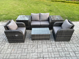 Fimous 6 PC Outdoor PE Rattan Garden Furniture Set Wicker Love Sofa Coffee Table 2 Armchair 2 Side Tables Dark Grey Mixed